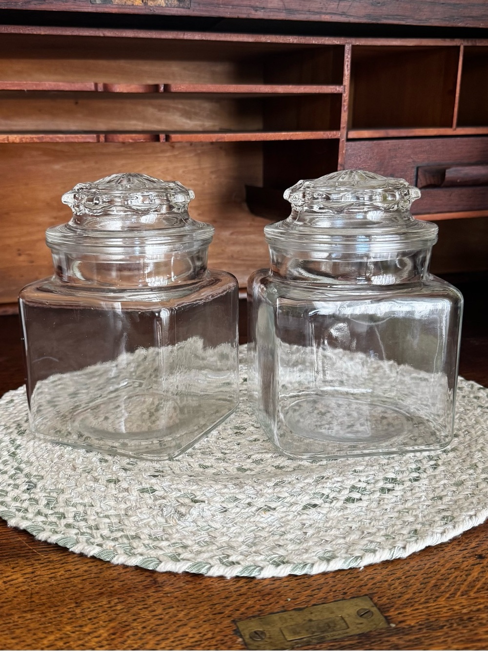 Vintage Pair Clear Square Glass Apothecary Jars Canisters with Lids Food Display